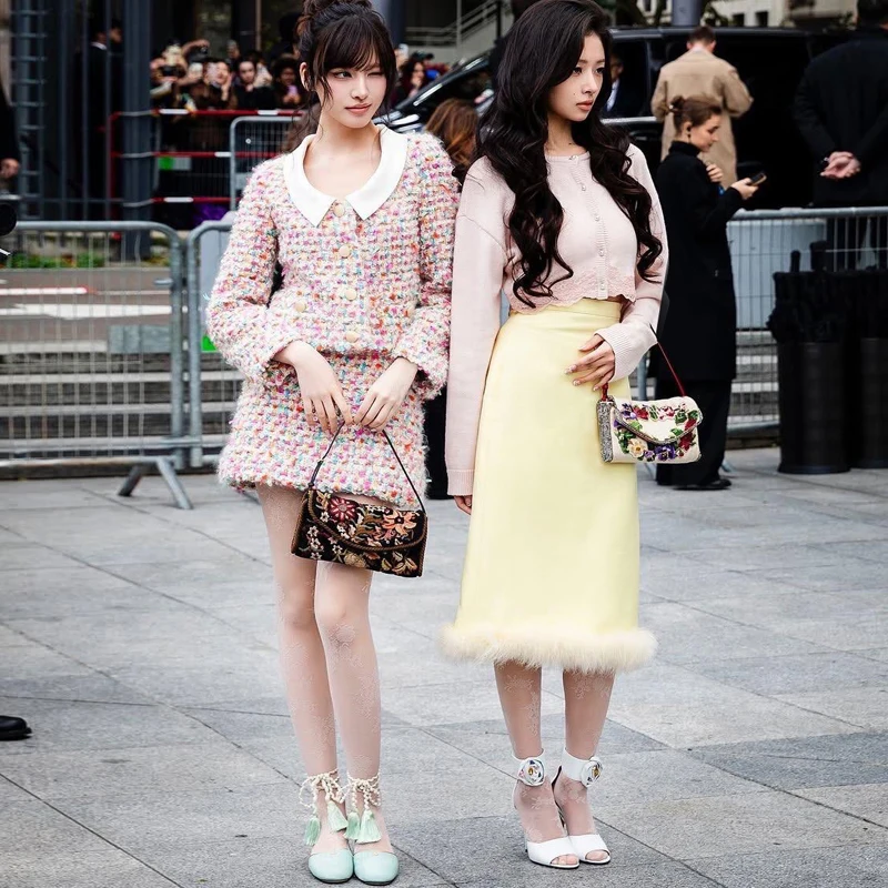 

Handmade Woolen Cardigan with Lace Details Antique Feather Trim Light Yellow Silk f Skirt Faionable Spring Set for Women