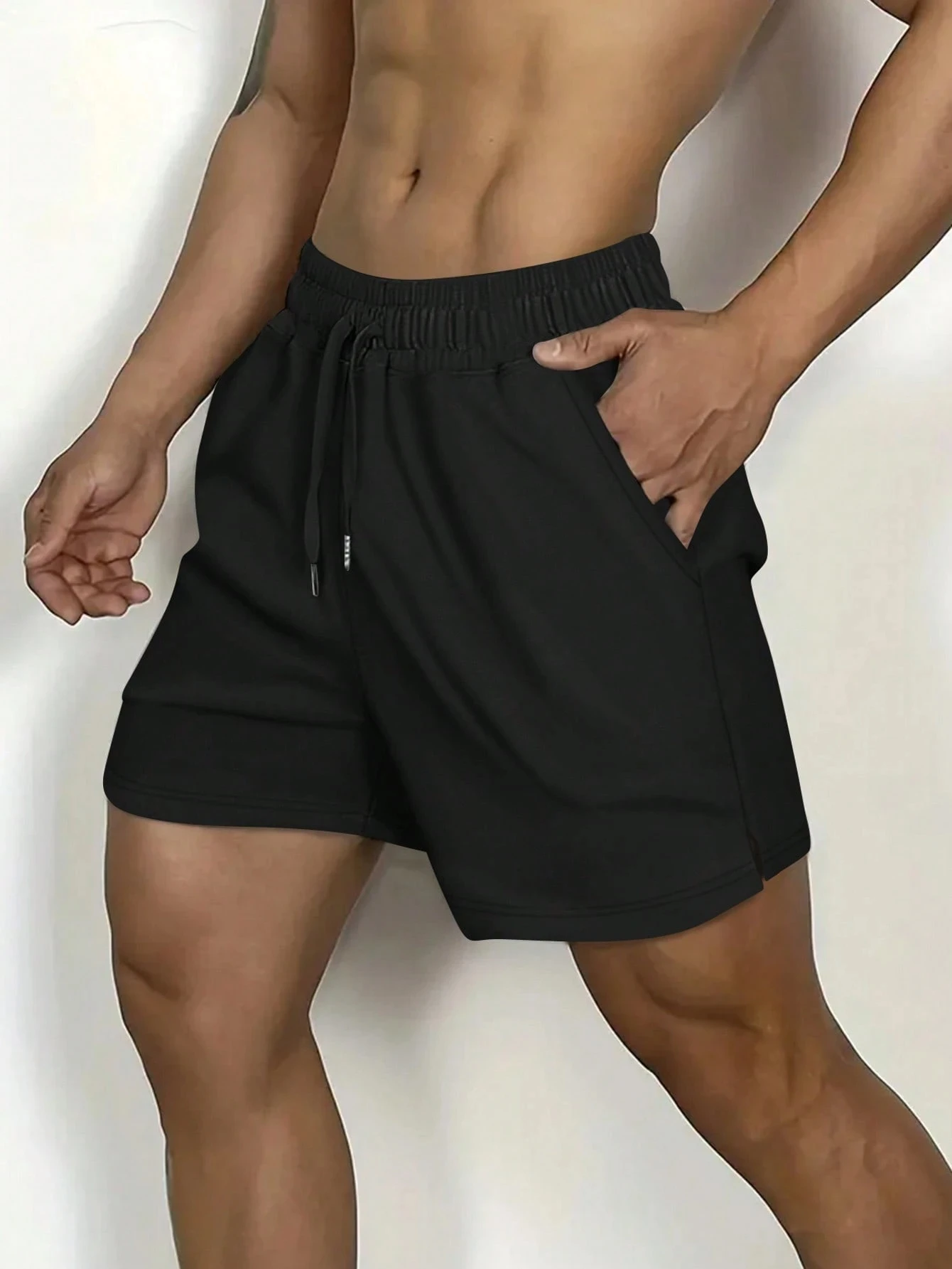 

Men's solid color drawstring belt pocket casual sports shorts gym wear running shorts quick-drying shorts loose sports shorts