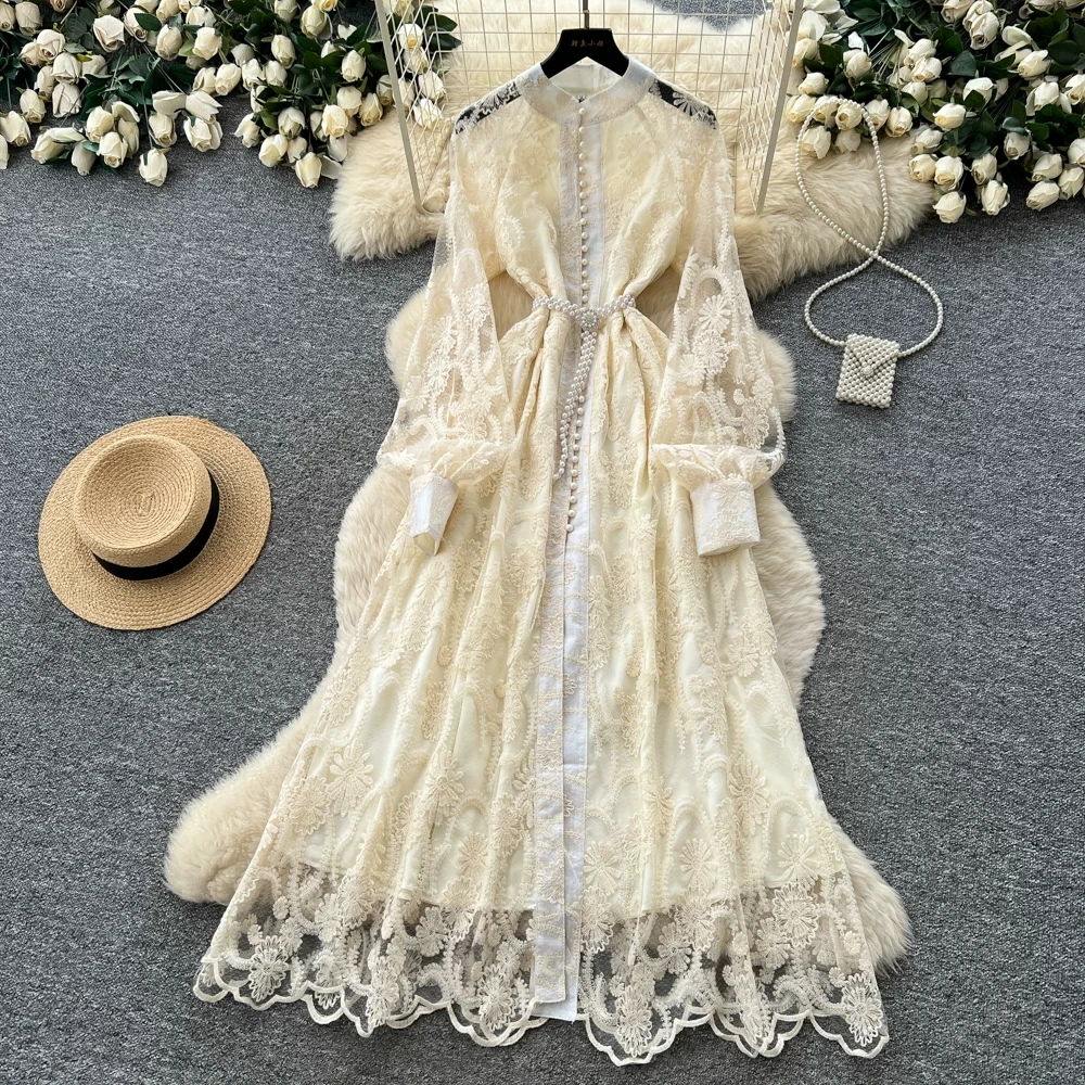 

High-End Women's Lace Embroidery Dress V-neck Lantern Sleeve Single-Breasted Spring Autumn French Style for Party Birthday