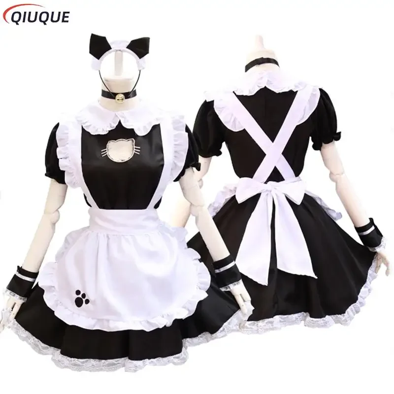 Schwarze Lolita Kleider Dienst mädchen süße Katze Cosplay Kostüm Frauen Anzug Schürze Kleid Halloween Kostüme