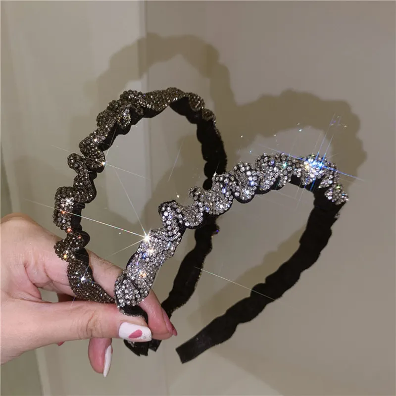 Luxury Handmade Folds Crystal Headbands Girls Hair Hoops Korea 2022 High-end Full Rhinestone Folds Hair Clips Claws Barrette