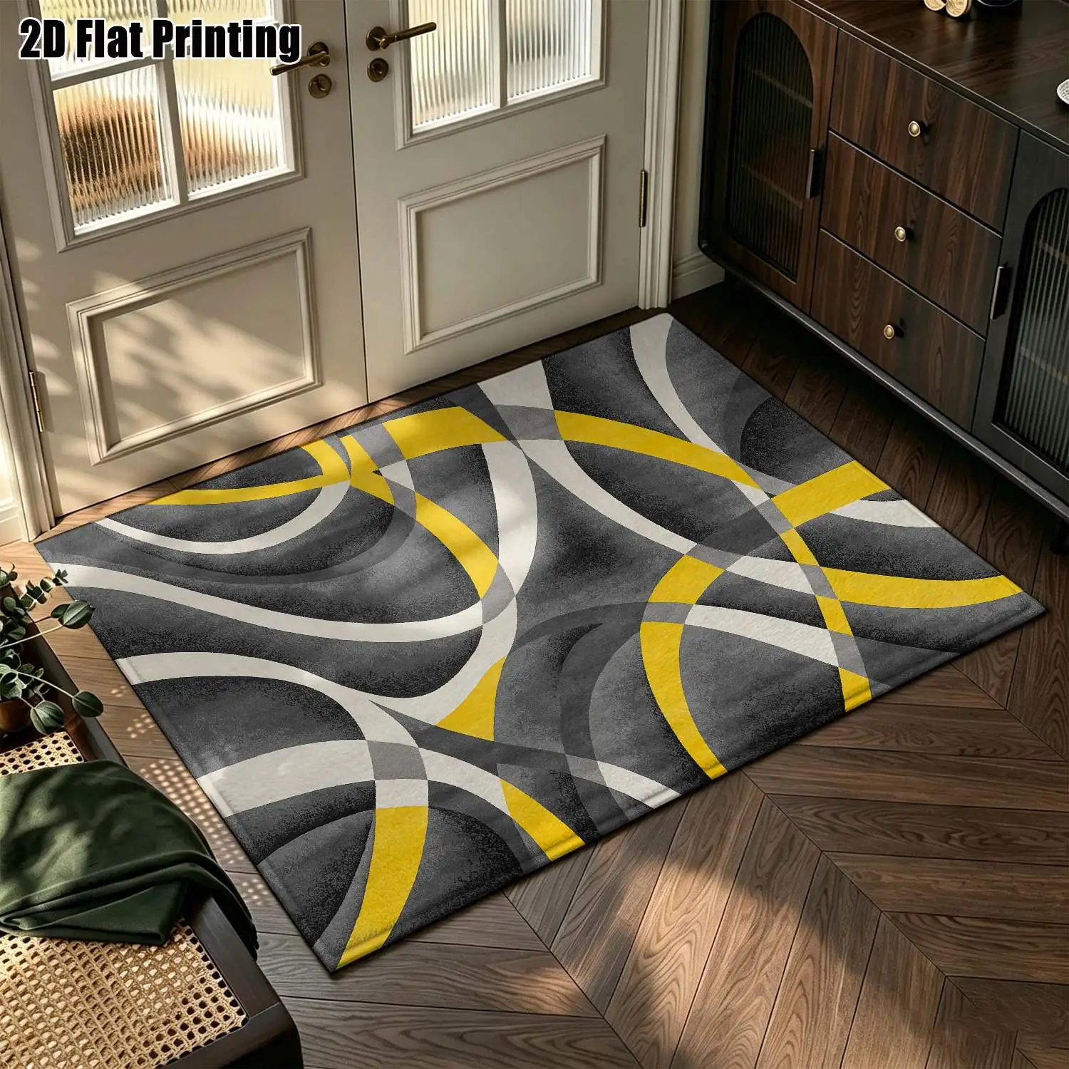 1Pc 2D Printed Carpet: Black Base, Yellow-White Geometric Lines Modern Simple, Instagram/Nordic Style, Machine Washable, Multi-Size, Ideal for Living Room, Bedroom, Dining Room, Entrance, Study Home Decor.