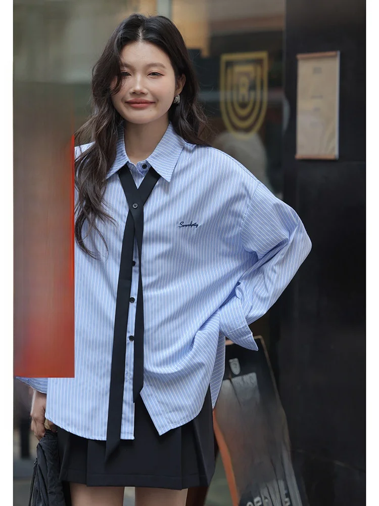 

Blue Striped Long Sve irt Women's Spring 2026 New Design College Sle Korean Top Loose Fit French Sle Square Collar