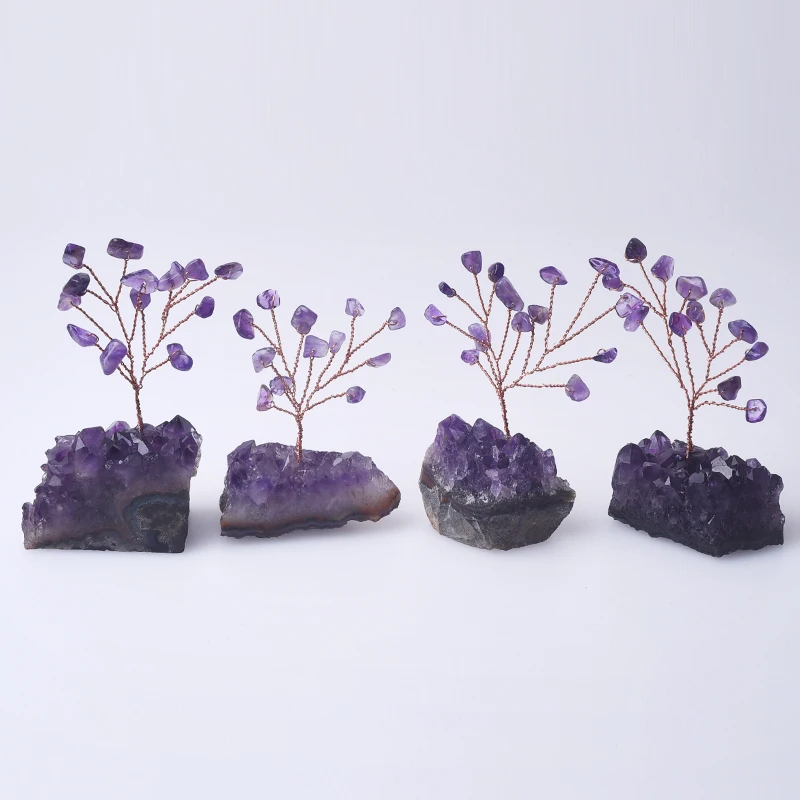 

1pc Crystal Gemstones Tree Wrapped on Natural Amethyst Cluster Base Energy Reiki Healing Tree Home Living Room Yoga Decor