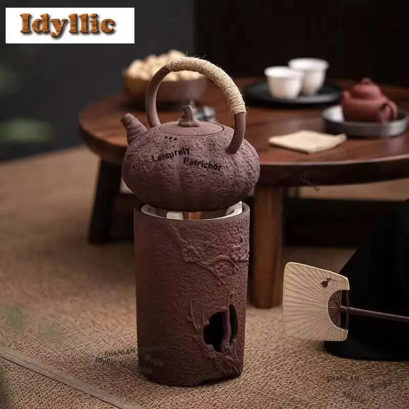 Ancient Burning Ceramic Charcoal Stove Cooking Teapot Japanese Style Rough Pottery Rust Glazed Warm Boiling Water Brewing Kettle