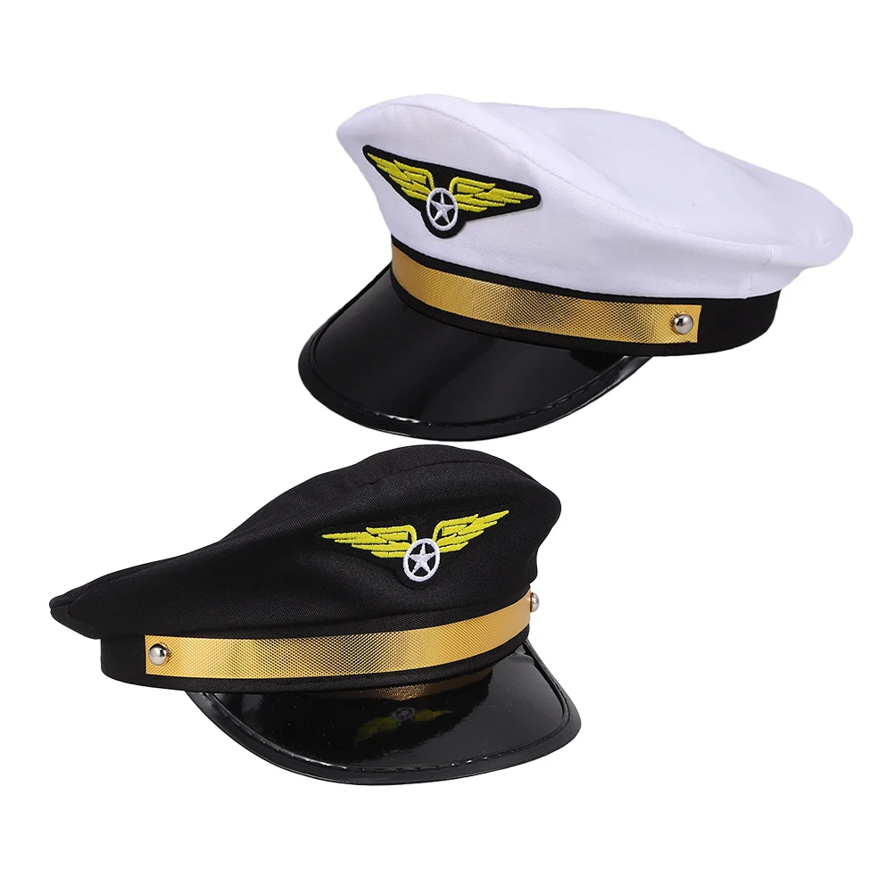 

2pcs Adjustable Pilot Hat Black White For Party Stage Performance Cosplay Carnival Aviation Costume Sun Resistant