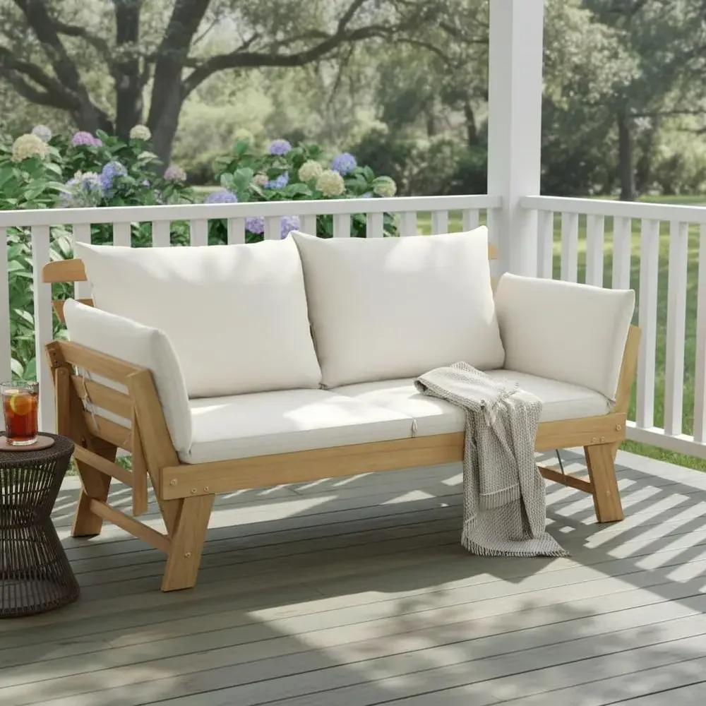 Acacia Wood Convertible Patio Couch Bed with Cushion & Pillows, Outdoor Daybed for Courtyard, Poolside, and Garden