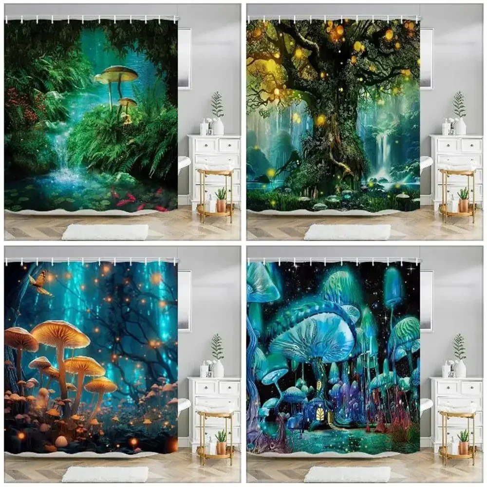 ~O~Fantasy Mushroom Shower Curtains Fairy Forest Tree Gothic Panel Jungle Green Zen River Bathroom Decor Shower Curtain With Hoo
