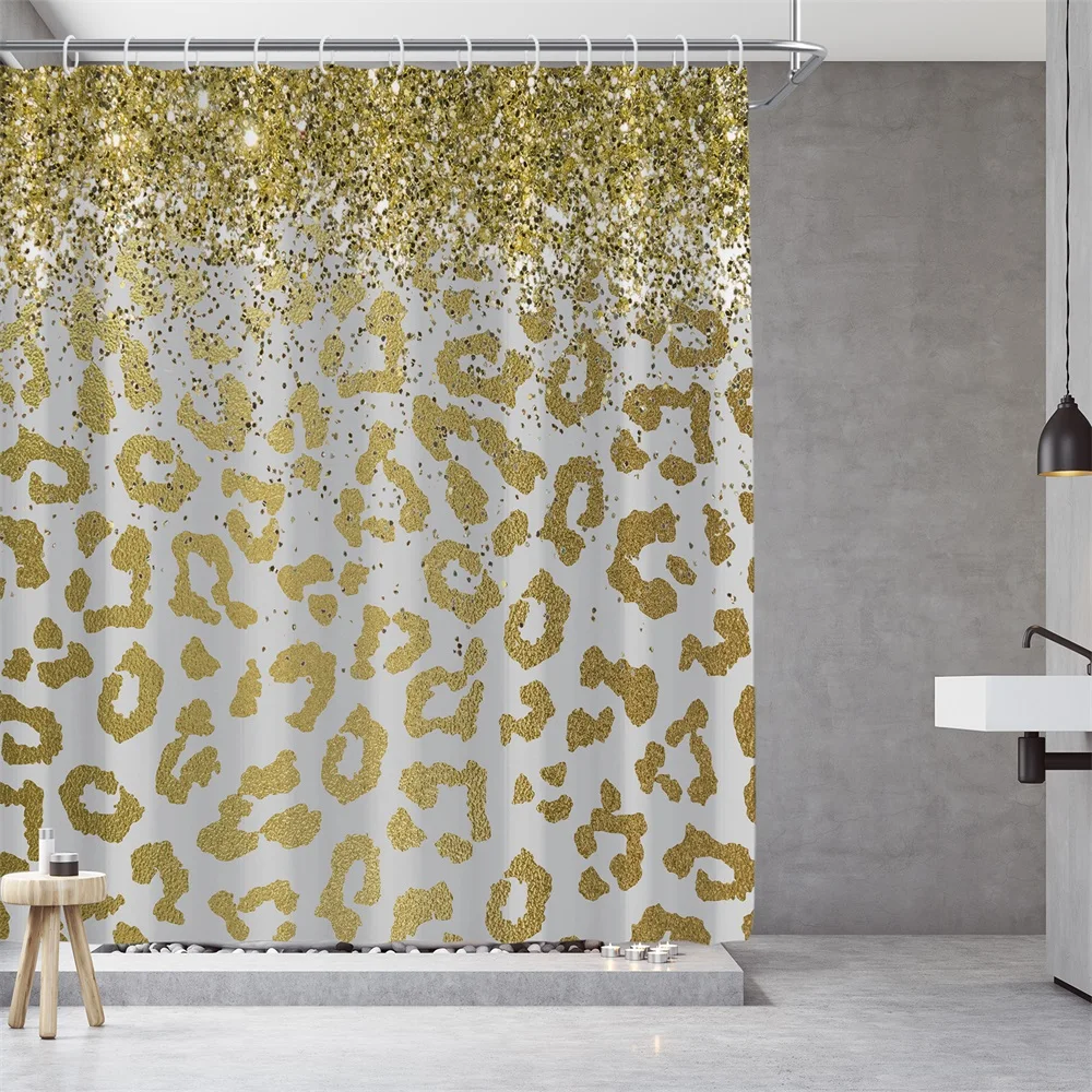 1PC, sprinkle gold leopard print, modern home bathroom waterproof shower curtain, with 12 plastic hooks, 71in*71in