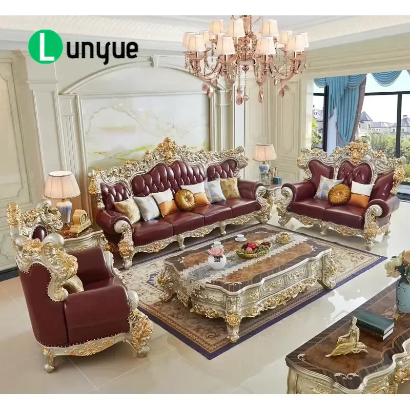Luxury Royal European Leather Sectional Sofa Solid Wood Carved Nordic Style Whole House Furniture Set Hotel Villa Apartment