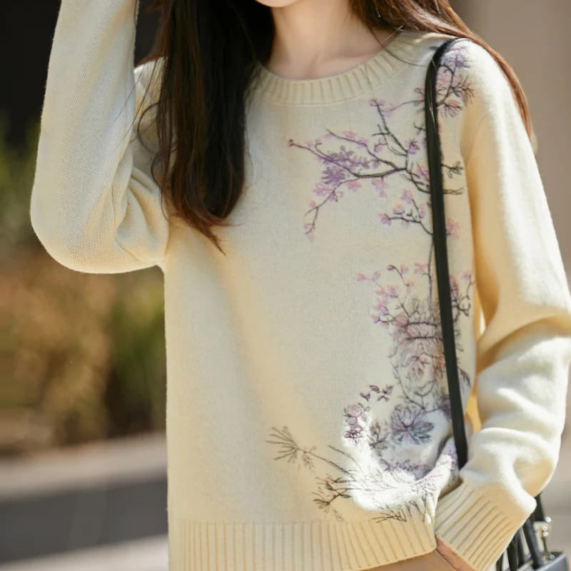 

Осень/зима, новый продукт, женский свитер из 100% чистой шерсти, повседневный свободный пуловер с круглым вырезом, модные корейские топы с вышивкой