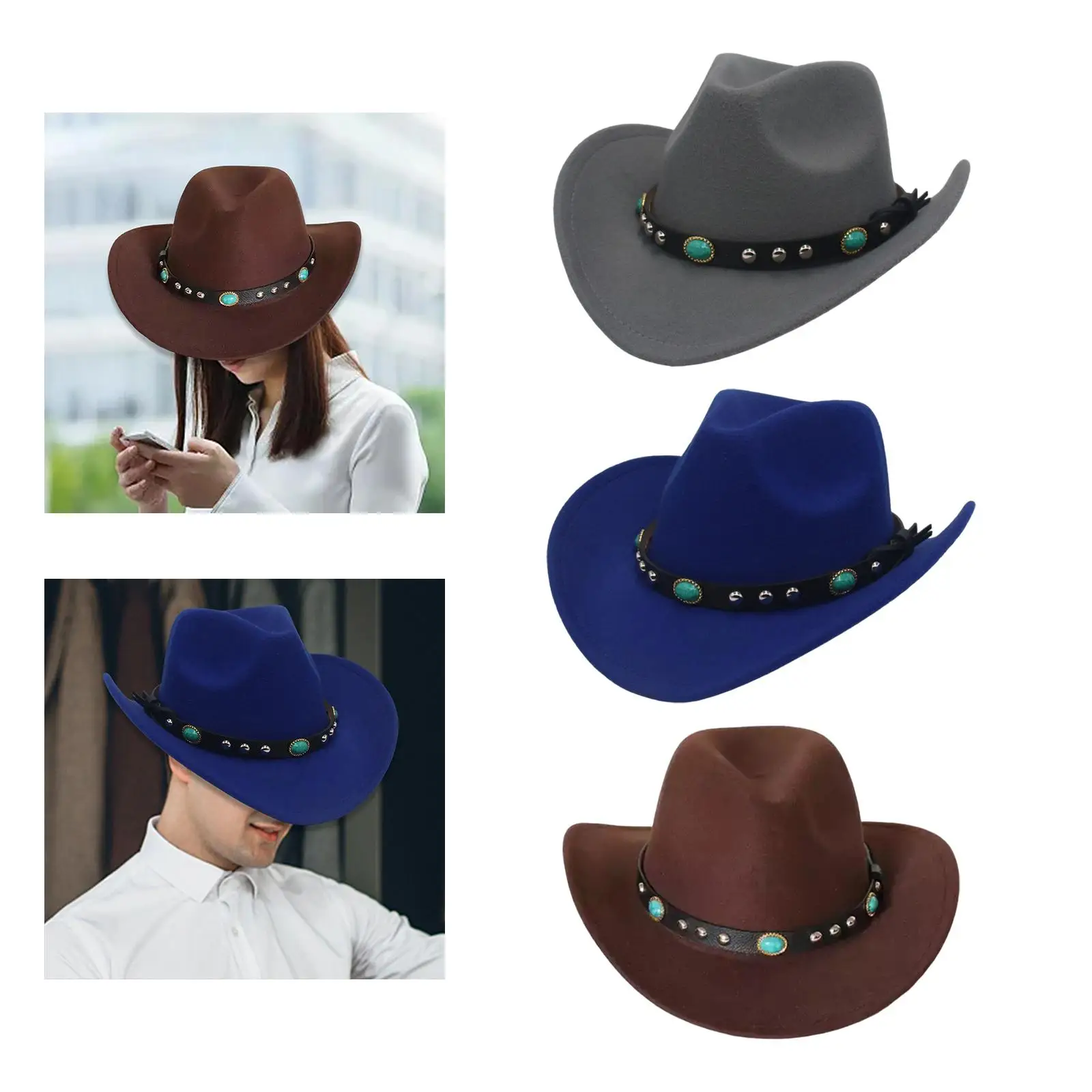 Wide Brim Cowboy Hat for Women Men Cloth Western Jazz Hat Outdoor Sun Visor for Camping Fishing Hiking Party Cosplay Accessory