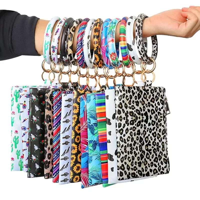 Party Favor Portable Leopard Printed PU Leather Key Ring Bracelet Wristlet Keychain Wallet Card Holder With Zipper Bags Bangle