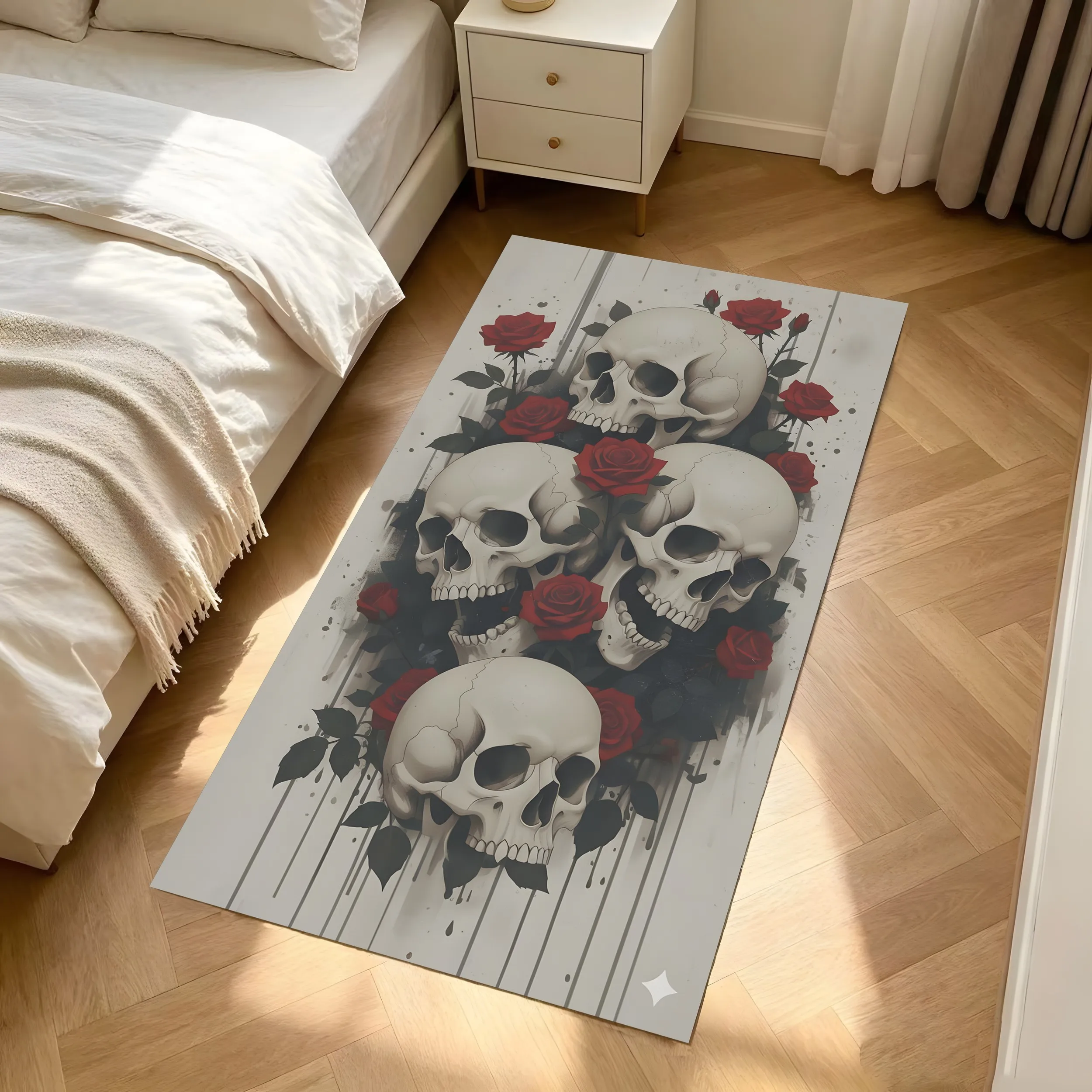 Skull Red Rose Print Dark Retro Halloween Velvet Rug for Gaming Room Bedroom Entryway Trendy Unique Decor