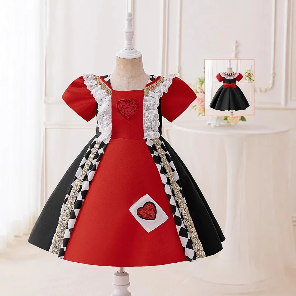 Girl Red Heart Poker Alice Style Dress Kids Checkered Lace Gown Fairy Tale Drama Halloween Red Queen Cosplay Party Costume ASQ03