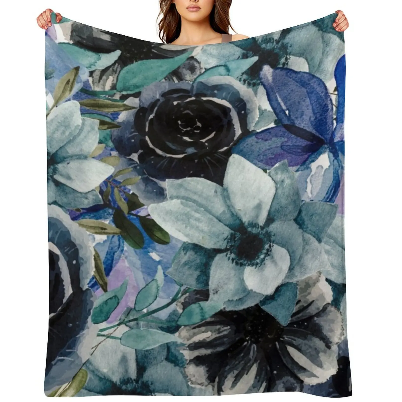 

Dark Blue Watercolor All Over Floral Pattern Throw Blanket Travel Loose Beautifuls Custom Blankets