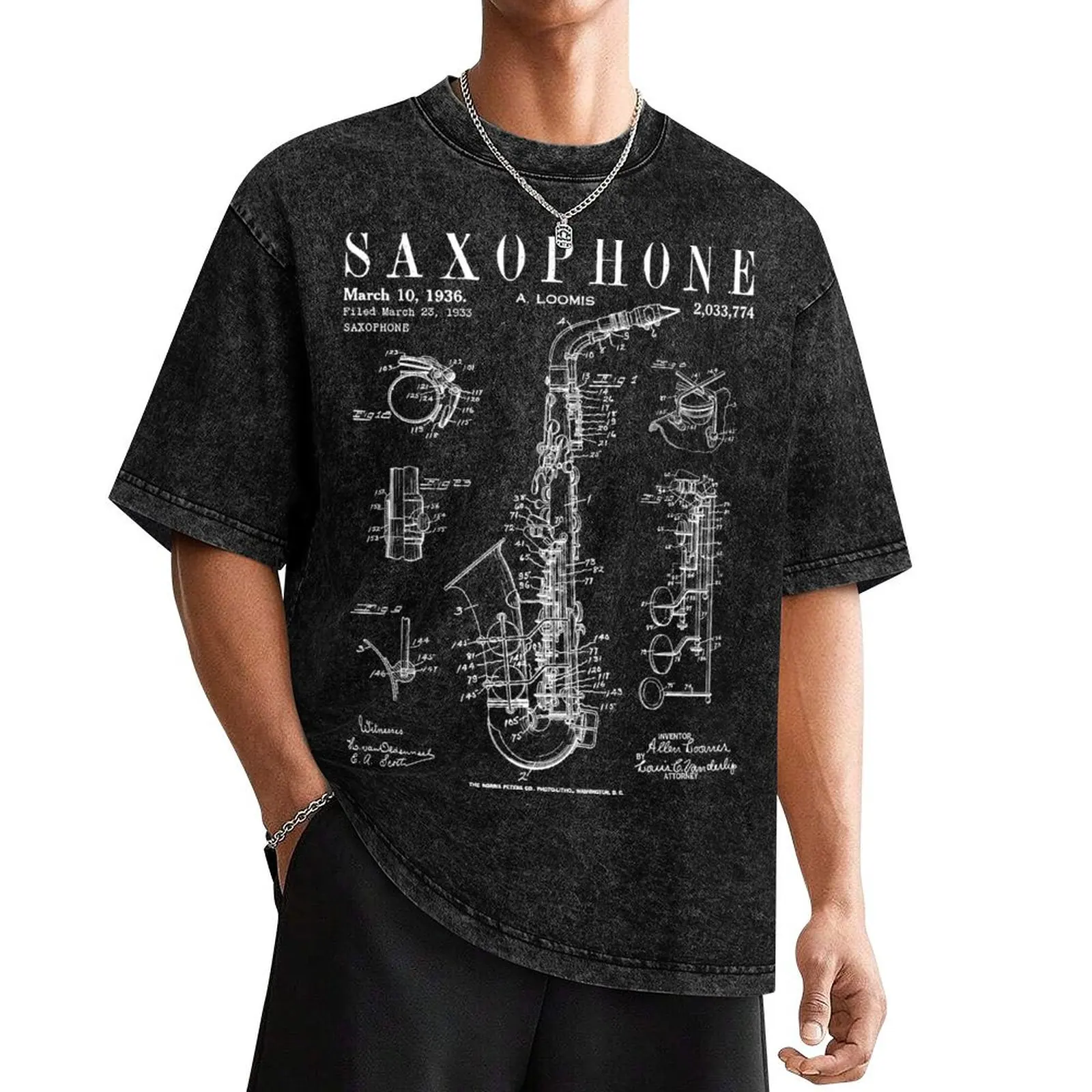 

Saxophone Old Vintage Patent Drawing Print T-Shirt customizeds man t shirt boys whites mens shirts graphic tee