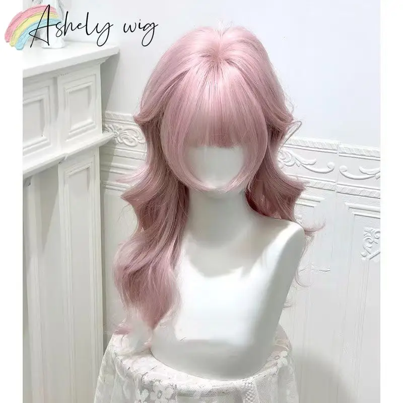 Ashely Wig for Women New Long Wavy Wig with Bangs Natural Lolita Pink Cute Hair Wigs High Temperature Fibers Synthetic Wig - view 3
