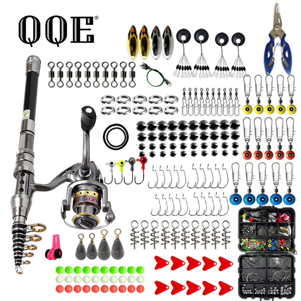 QQE 1.8M Carbon Fiber Telescopic Fishing Rod Spinning Reel Combo with Fishing Pliers Full Tackle Accessories Storage Box