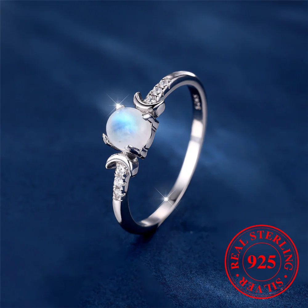 Female Cute Small Round Nature Moonstone Ring Vintage Real 925 Sterling Silver Moon Wedding Jewelry For Women