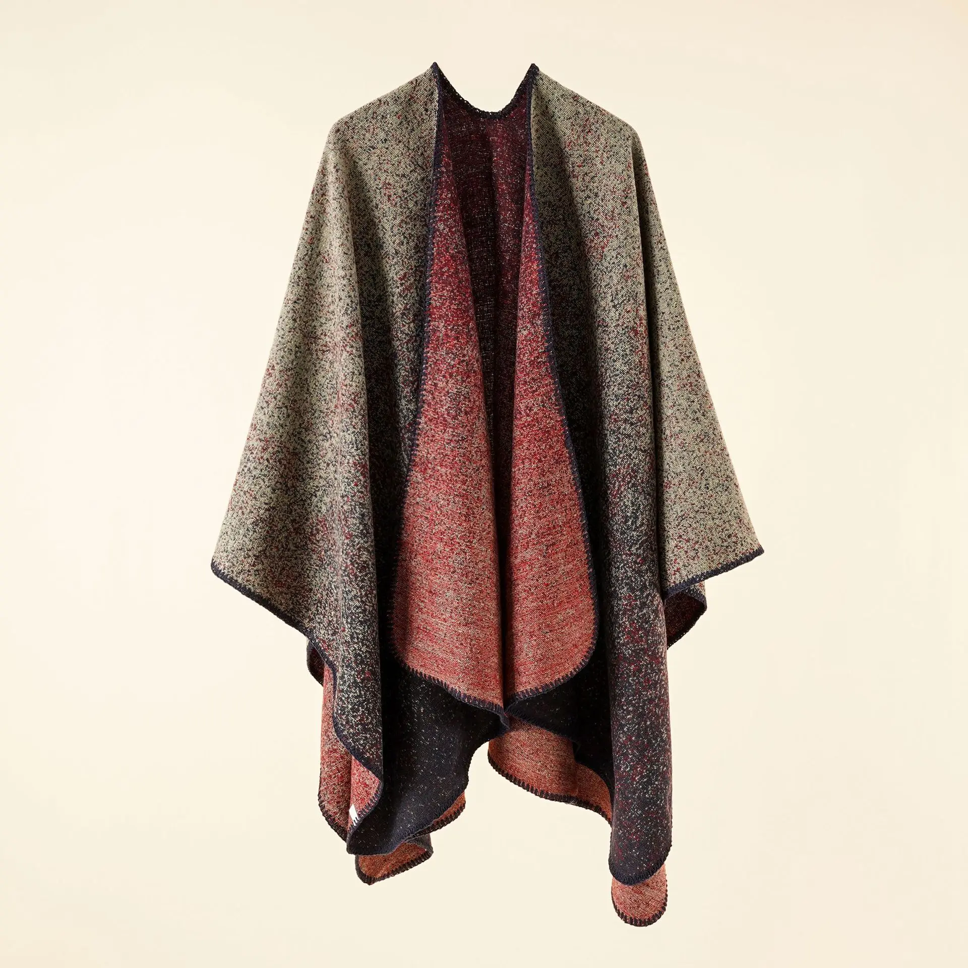 

2022 Autumn Winter New Street Solid Color Gradient Herringbone Imitation Cashmere Warm Shawl Cloak Poncho Capes Red Navy