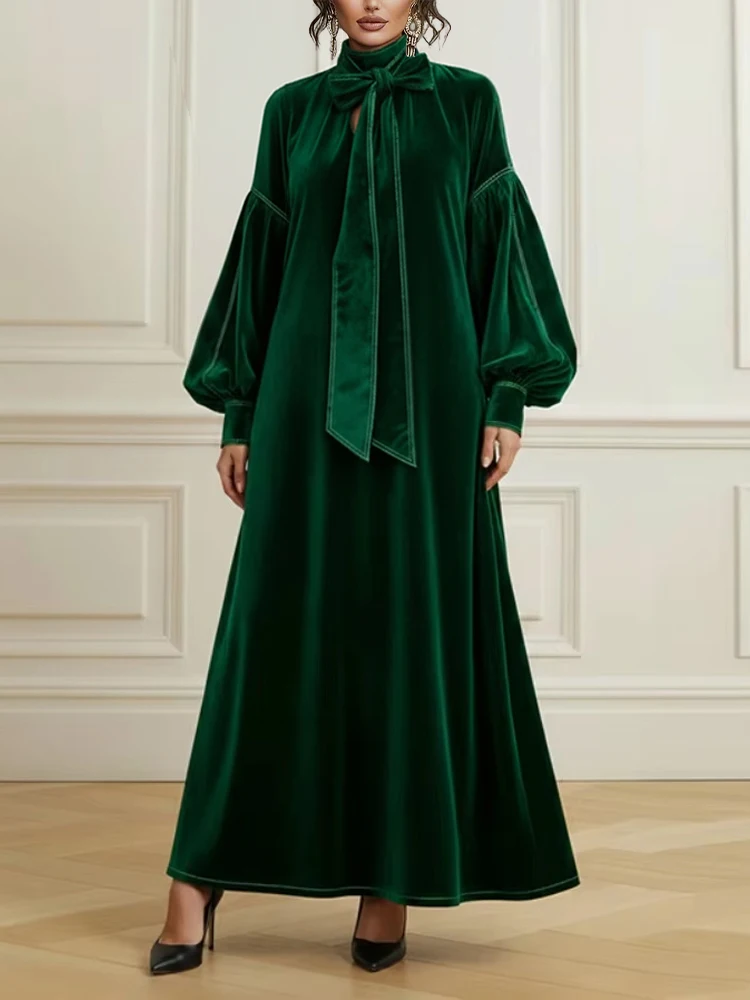 Elegant Velvet Long Dress High Collar Lantern Sleeve Long Sleeve Bow Tie Dress Loose Formal Evening Gown Party Dress for Women