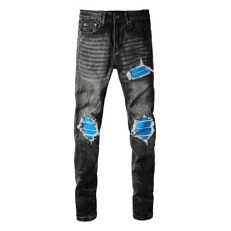 

European and American High Street Streetwear. New Men's Slim-fit Skinny Jeans with Ripped Plush Patches for Four Seasons.