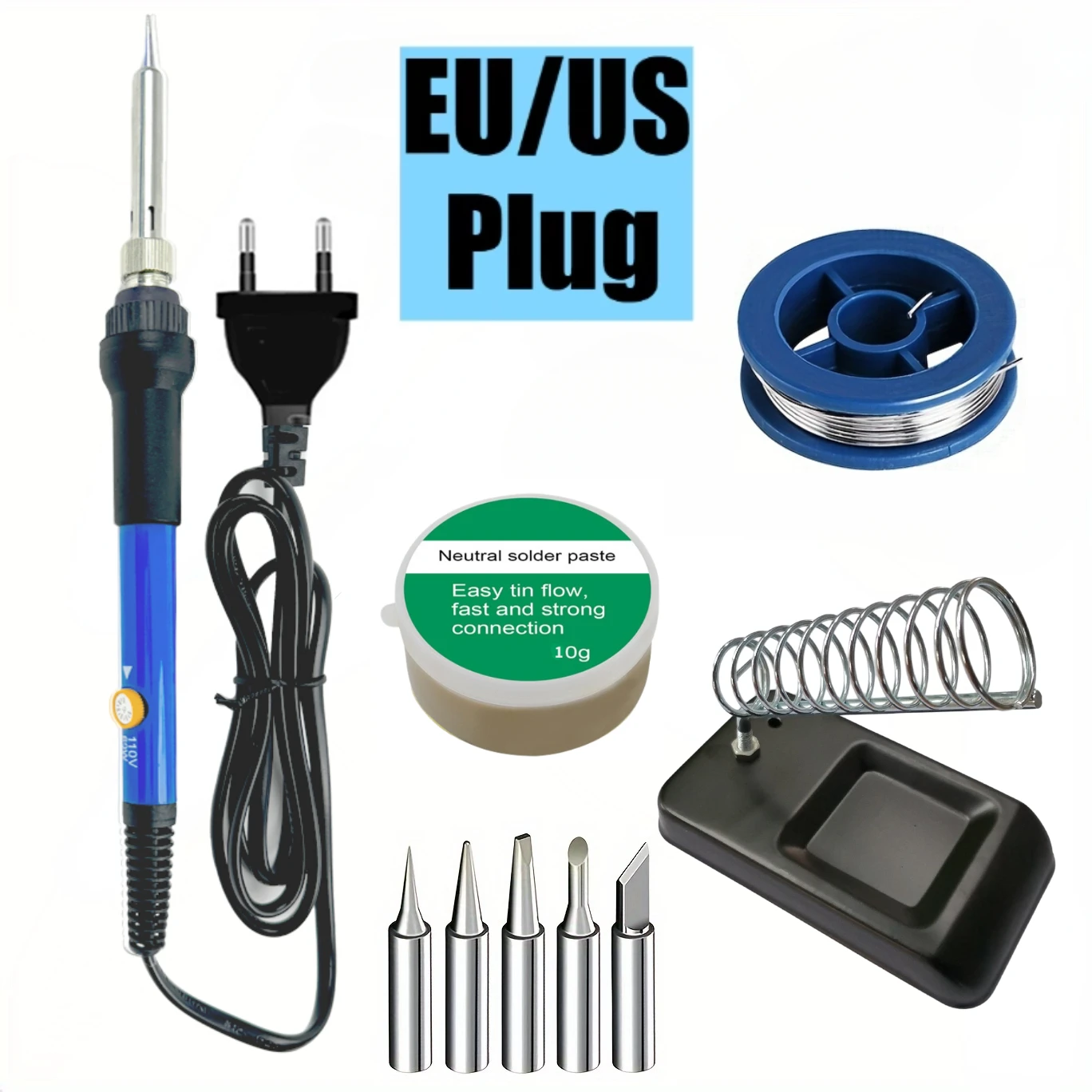 1 Set Soldering Iron Kit, 60W 200-450°C Adjustable Temperature with 5 soldering tips, Solder Wires,  Flux Paste，Repair Tools