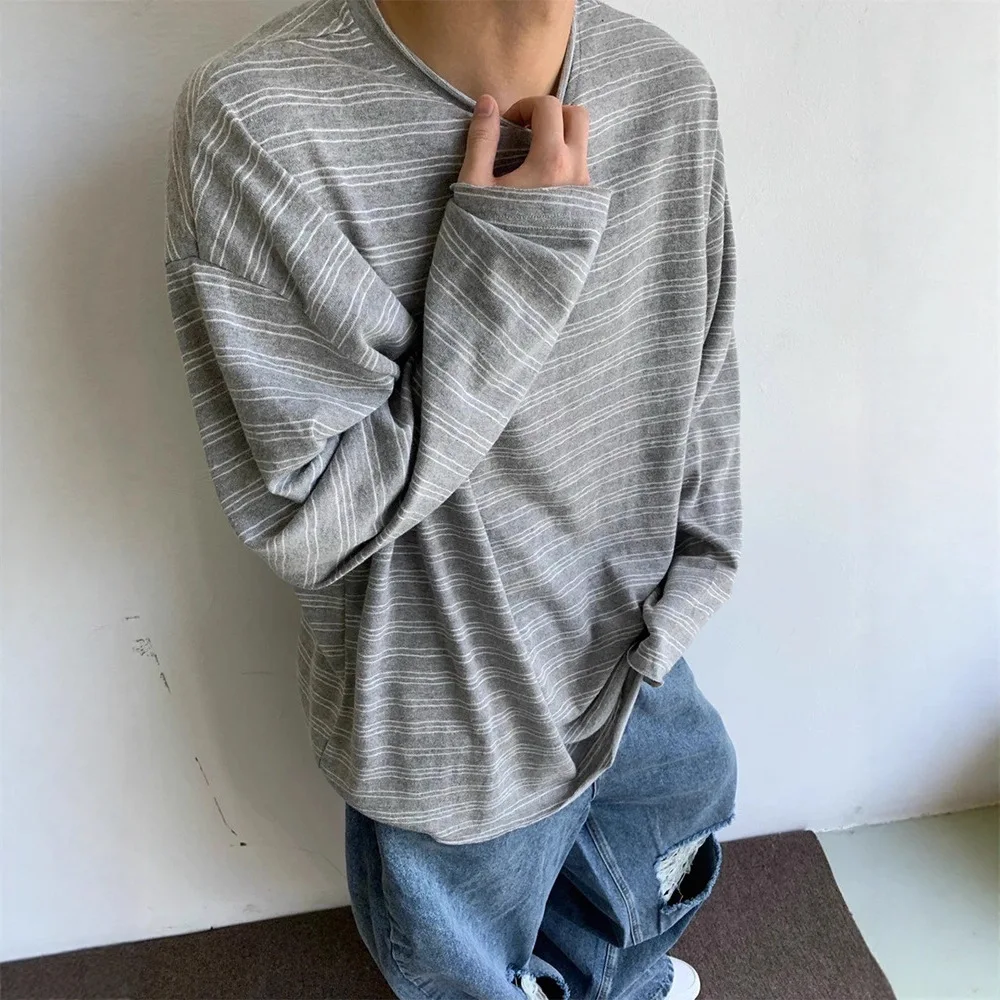 

Curled Striped Long Sleeve T-Shirt Men's 2026 Spring Sweater Cleanfit Bottom Shirt