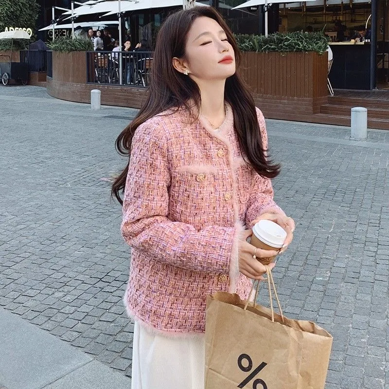 New High End Small Fragrance Tweed Jacket Coat Women Winter Warm Inner Downs Sweet Pink O-neck Pockets Elegant Fashion Outwear