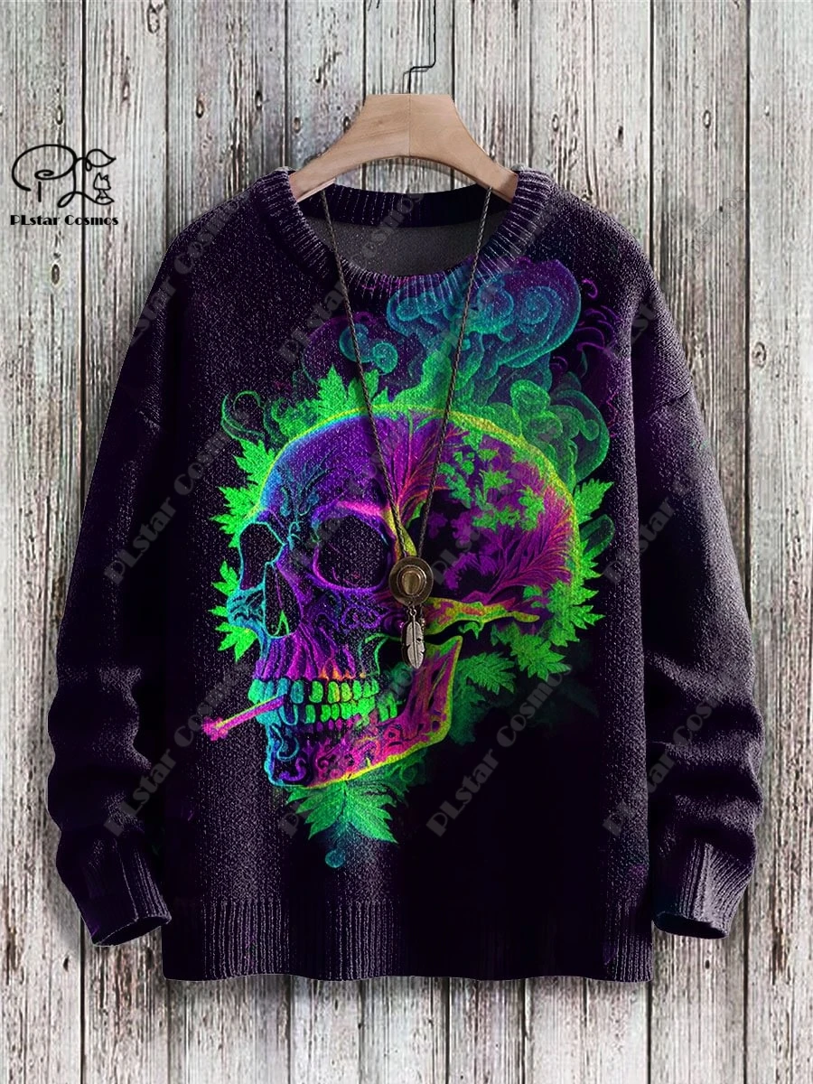 PLstar Cosmos New 3D Printed Horror Series Green Skull Pattern Ugly Sweater Winter Street Casual Unisex