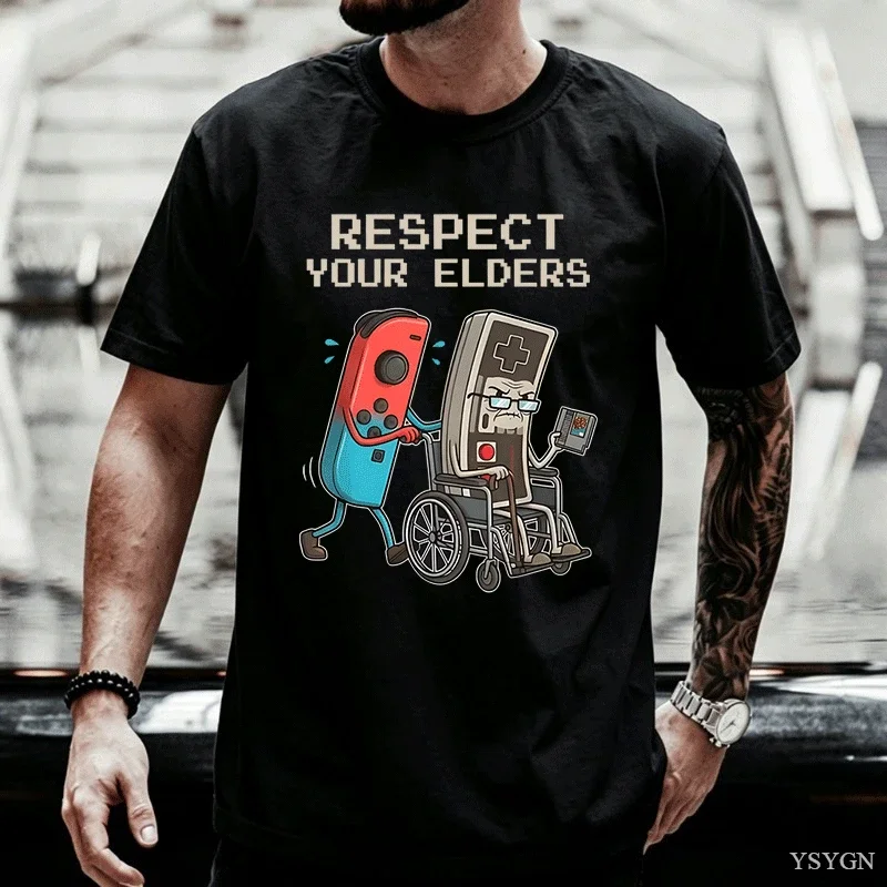 Respect Your Elders Retro Gaming Funny Gamer Controller T-Shirt for Men Cotton Tees Round Neck Short Sleeve T Shirt Printed Tops