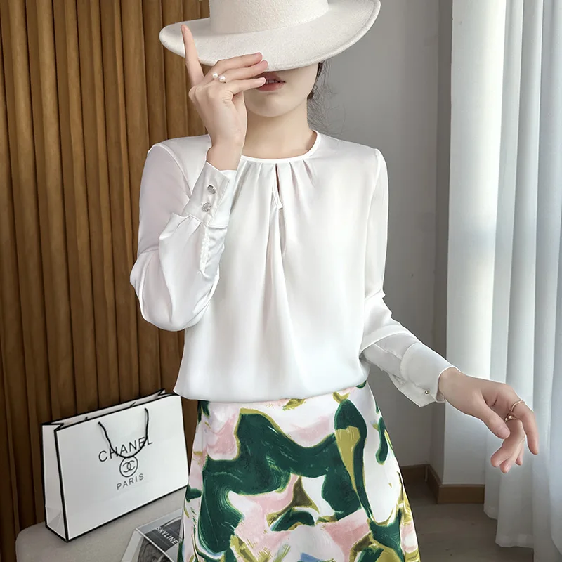 

2023 Summer New Satin Silk Women's Long Sleeve Shirt Versatile Solid Color Fashion Light Luxury Top