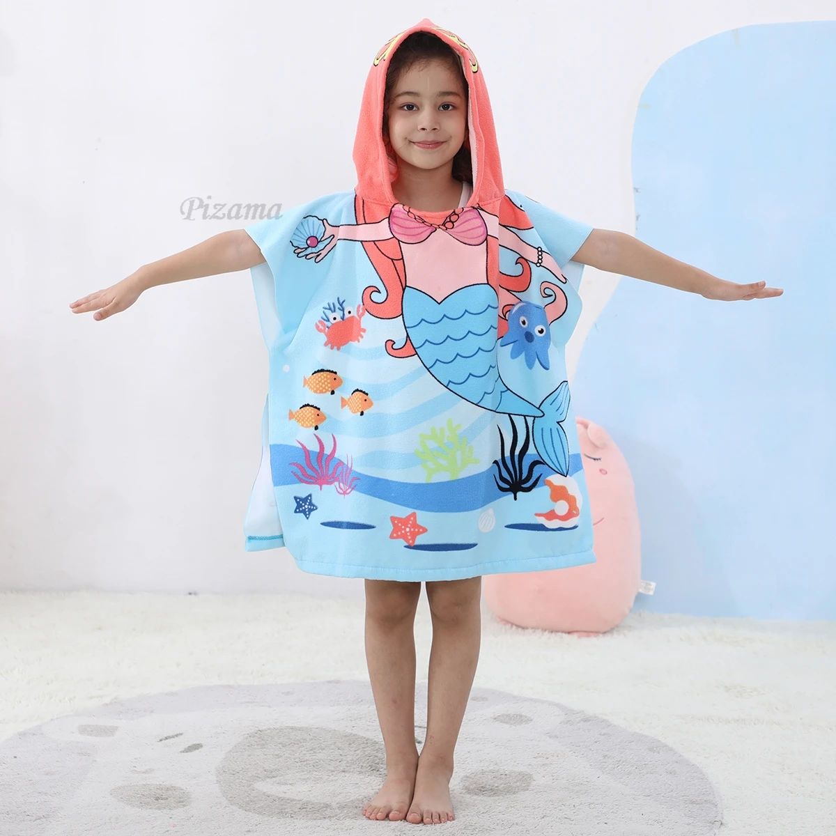 Toddler Baby Girls Hooded Bath Towels Mermaid Animal Cartoon Children\'s Cloak Beach Towels Quick Dry Soft Comfortable Towels