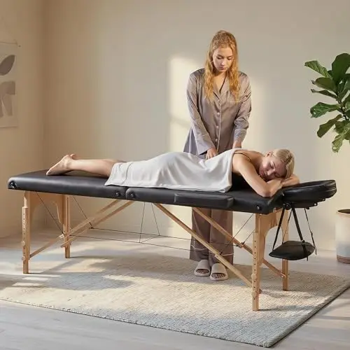 Portable Folding Massage Table, Height-Adjustable Lash Bed, Black | Padded PVC leather on a sturdy wood frame, this