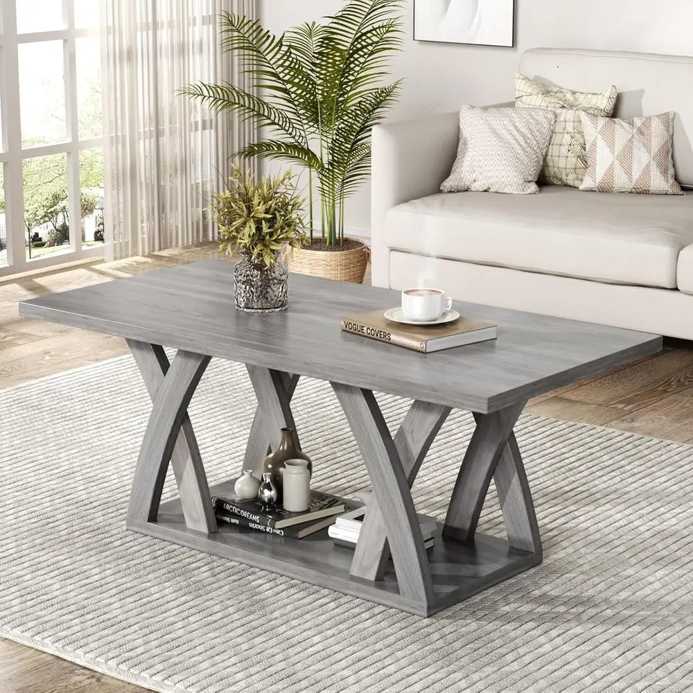 armhouse Coee Table with Shel, Wood Coee Table or Living Room, Open Display Area, 47” Grey