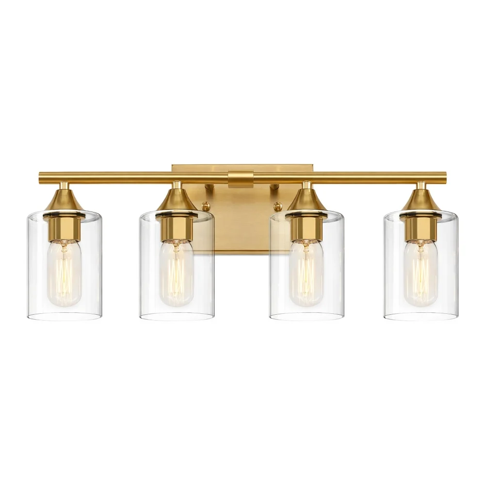 4-Light Brushed Gold Modern Farmhouse Vanity Wall Light, Metal Sconce With Clear Cylinder Glass Shade for Home & Hotel Bathroom(No Light Bulb)