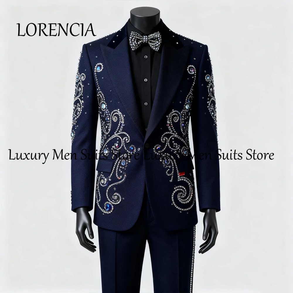 

Gorgrous Jewelry Suits for Male 2 Pieces Glitter Crystal Tuxedos Set Evening Party Outfits Customized Blazer Pants ropa hombre