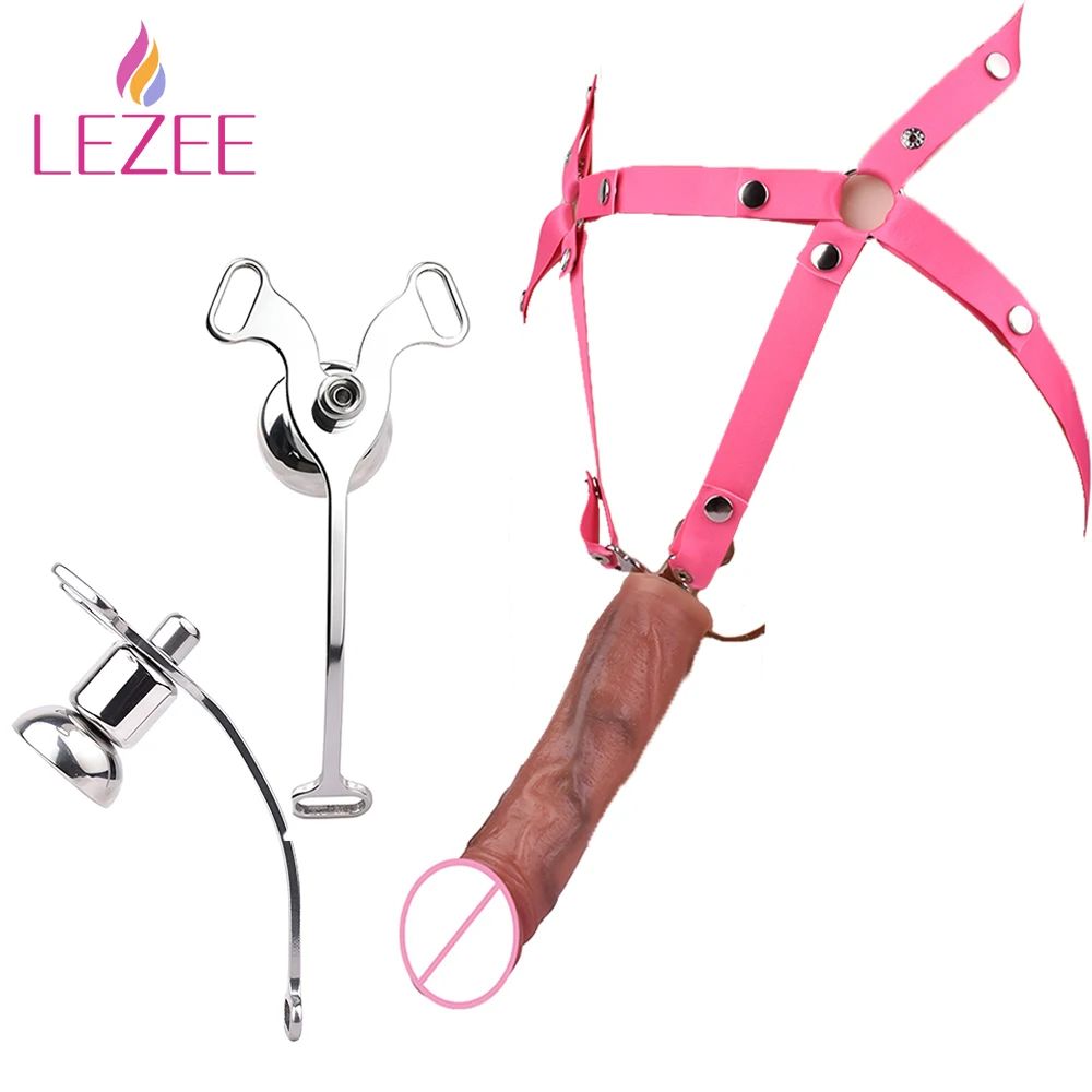 

LEZEE Metal Flat Male Chastity Cage With Silicone Dildo Head Harness Belt Intimate Negative Cock Locks BDSM Sex Toys For Men