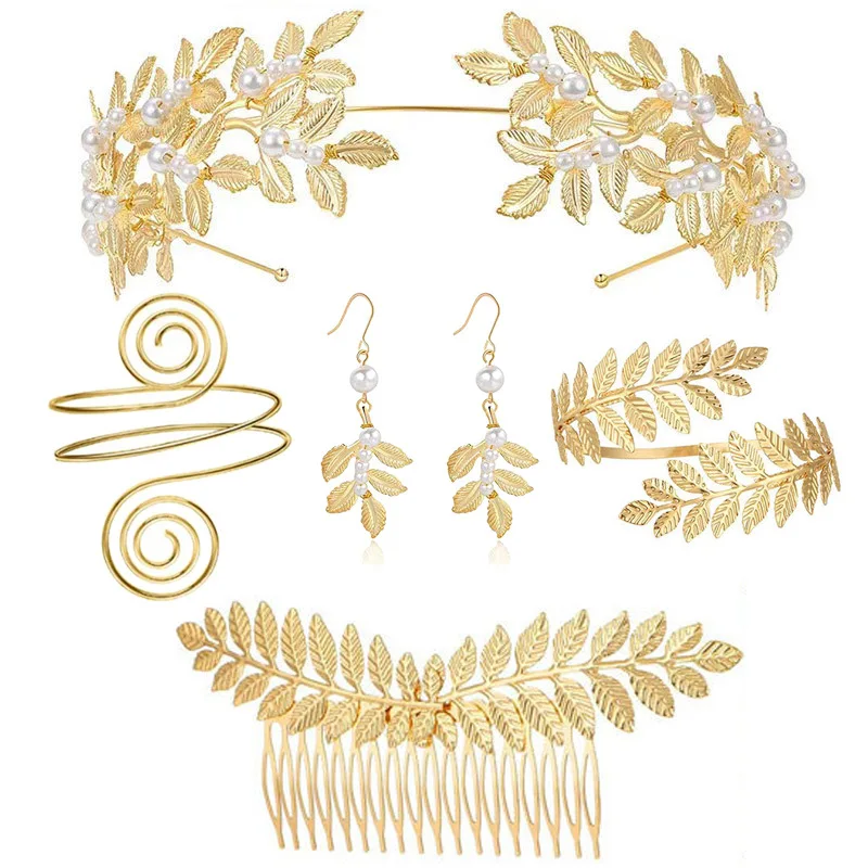 FTCY Vintage Griechisches Schmuckset für Frauen, goldfarben, Armbänder, Ohrringe, Kopfbedeckung, Set im Barockstil, verstellbar, Damenschmuck, Geschenke – Detail 6