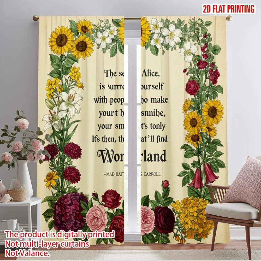 

2pcs 2D flat printing Curtain Mad Hatter Wonderland Quote Floral Polyester Without Electricity Festive Holiday Perfect for