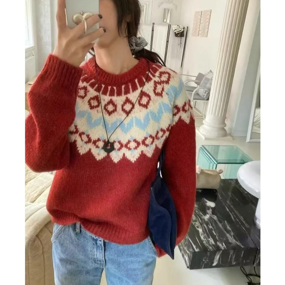 Женский свободный вязаный свитер на осень-зиму в скандинавском стиле в стиле ретро, повседневная футболка с внутренней частью Fair Isle, топ на голову