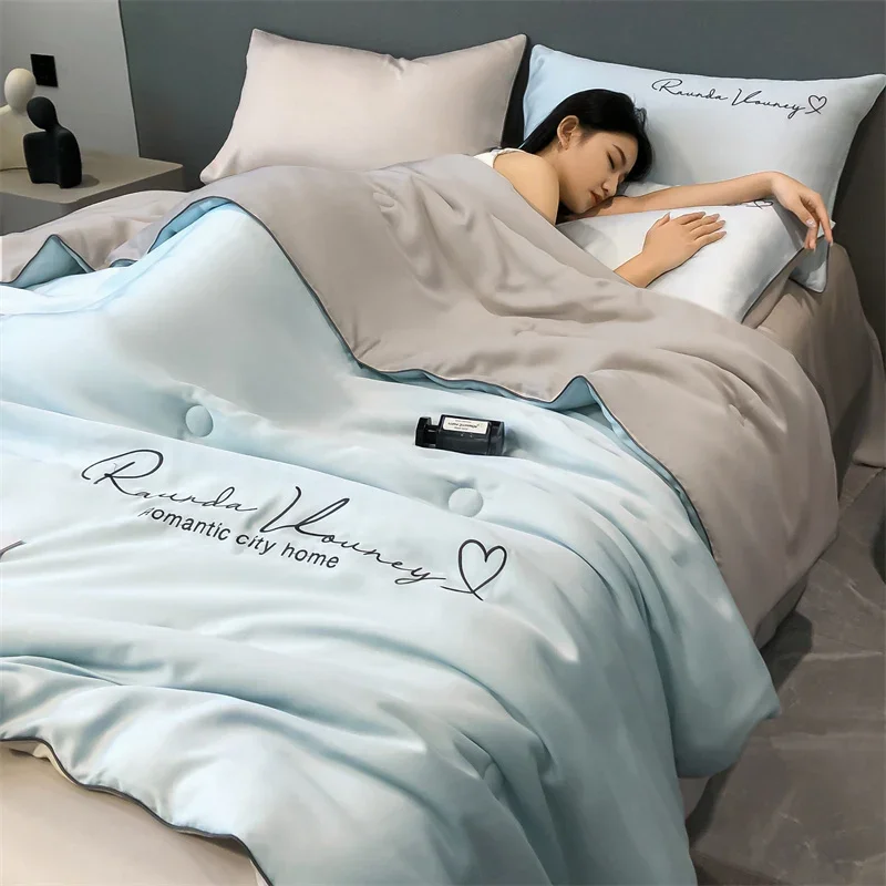 

Grade A Washable Ice Silk Summer Quilt Set or 1 Pcs Quilt Skin-friendly Air Conditioning Embroidered Comforter Summer Blanket