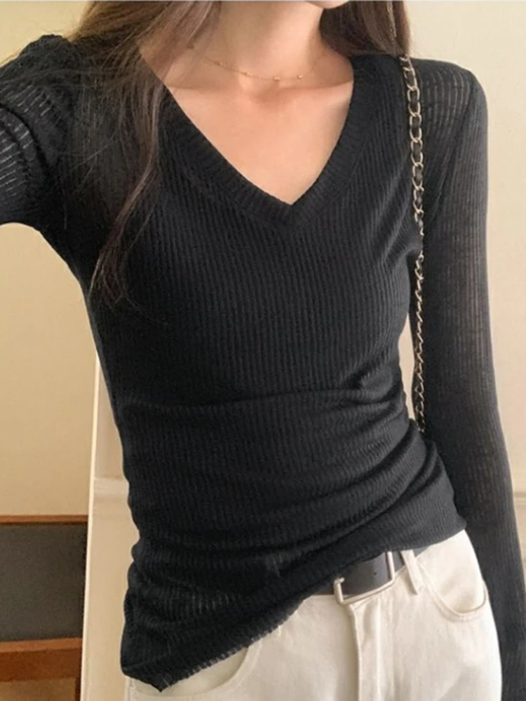 Frauen Langarm T Shirt Dünne Perspektive Sommer Feste Dünne Casual Shirts Weibliche Pullover Grundlegende T Y2k Kleidung Streetwear Top – Detail 16