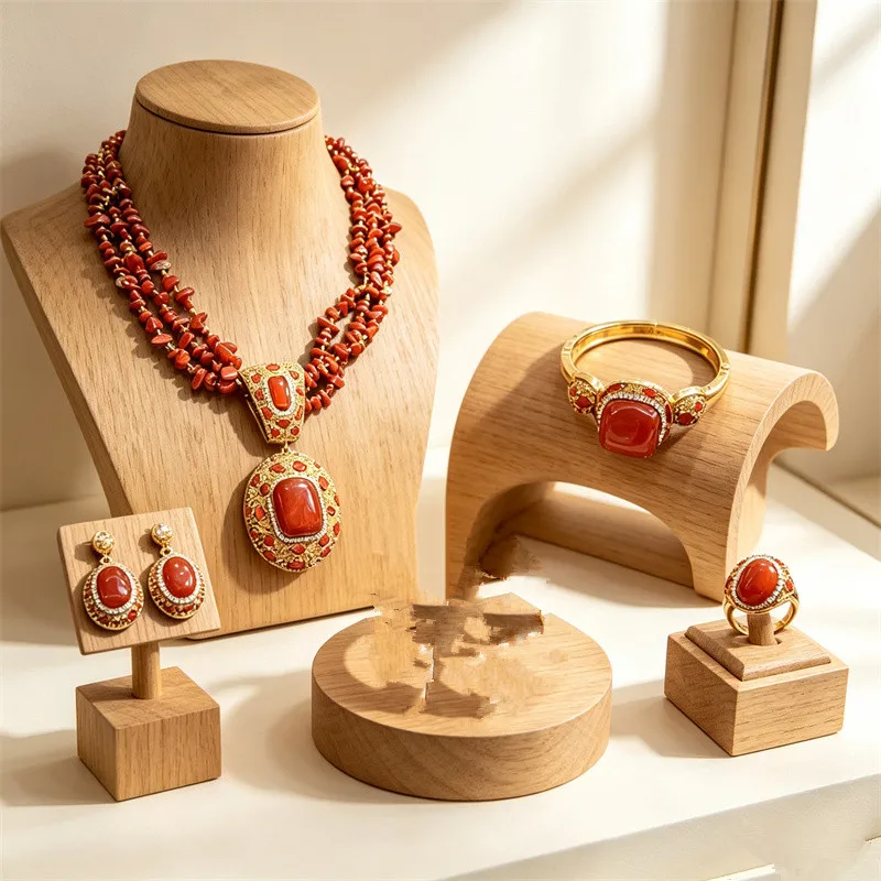 Nigerian African Women Jewelry Set Stone 4Pcs Necklace Earrings Bracelet Ring Bridal Jewellery for Wedding Party Statement Gifts