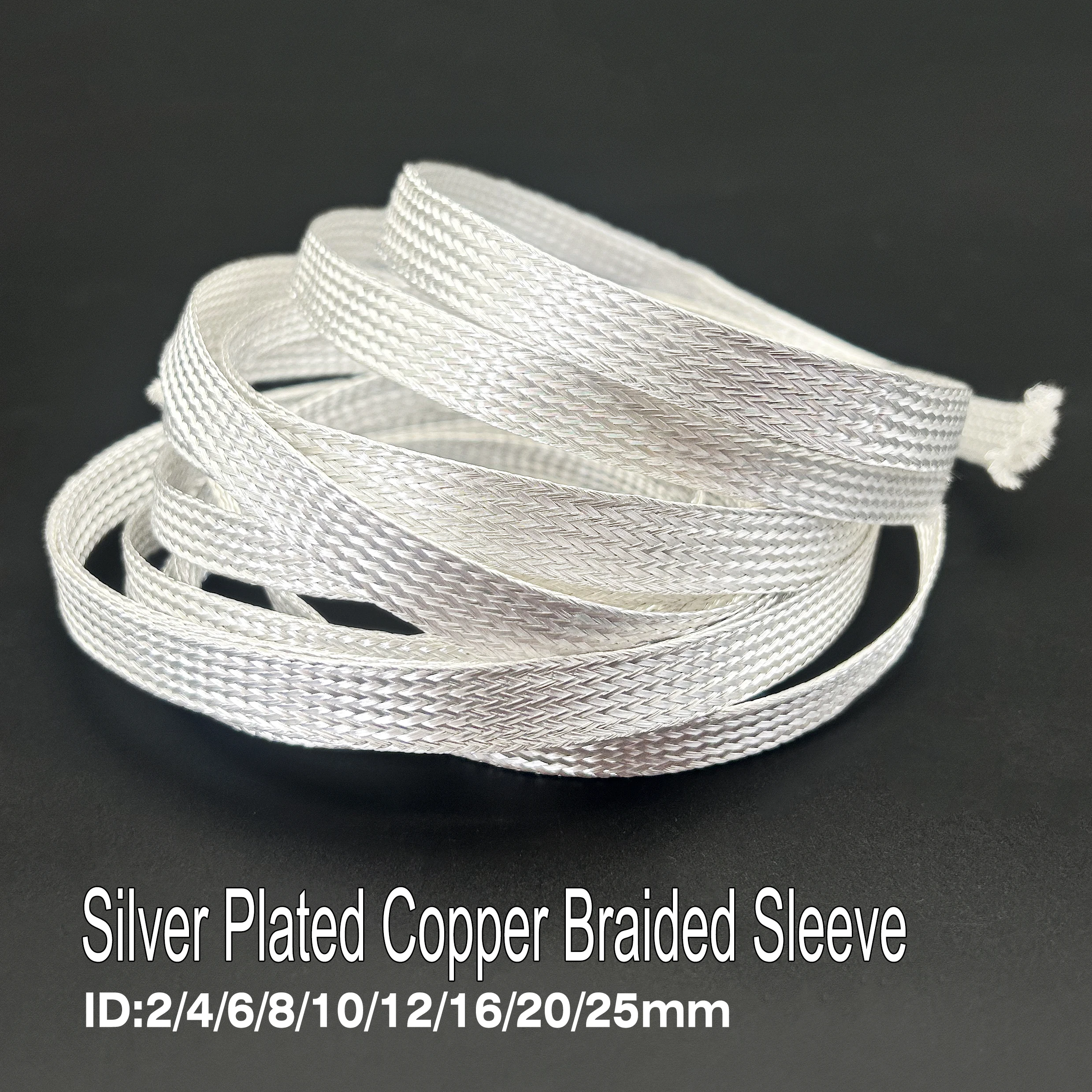 Silver Plated Copper Braided Sleeve ID 2/4/6/8/10/12/16/20/25mm Expandable Sleeveing Wire Shielding Sleeve 5M/2M Length Silvery 2