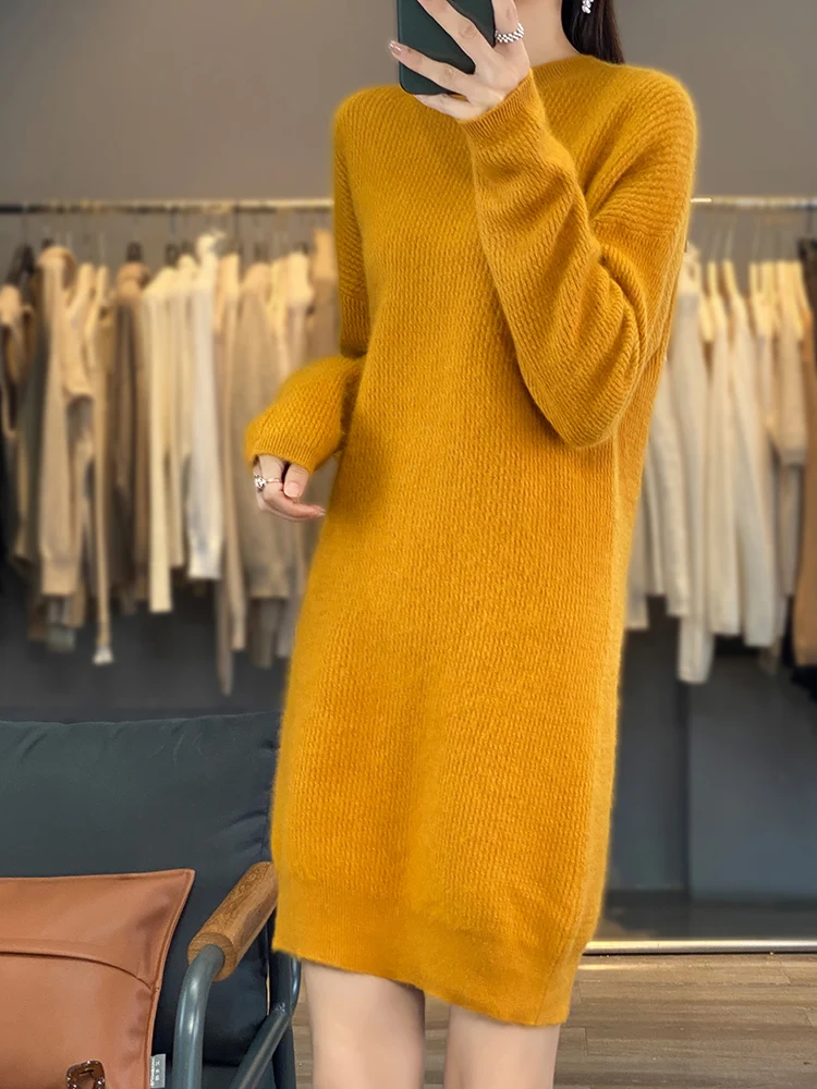 Aliselect Women 100% Mink Cashmere Knitted Dress Spring Winter Autumn O-Neck Sweater Female Dresses Hot Sale Long Style Jumpers