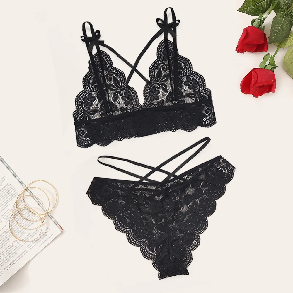 Hot Perspective Sexy Lingerie Women Lace Bra Cross Belt Brief Sets Sexy Underwear Set Erotic Lingerie Sleepwear For Woman 2022