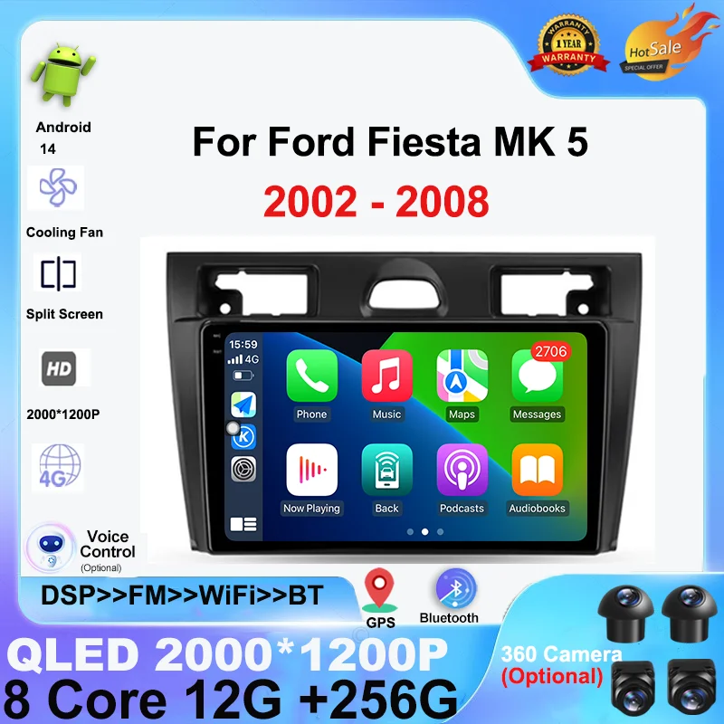 9 pulgadas Android 14 Carplay Auto para Ford Fiesta Mk5 2002 - 2008 Radio de coche reproductor de vídeo Multimedia navegación GPS No 2Din WiFi BT