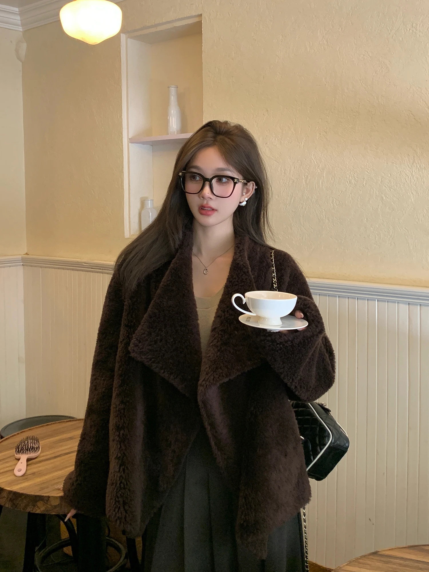 

Женское свободное пальто LM с большим воротником из натурального меха ягненка, полностью шерстяное, зимняя верхняя одежда, комфорт и тепло